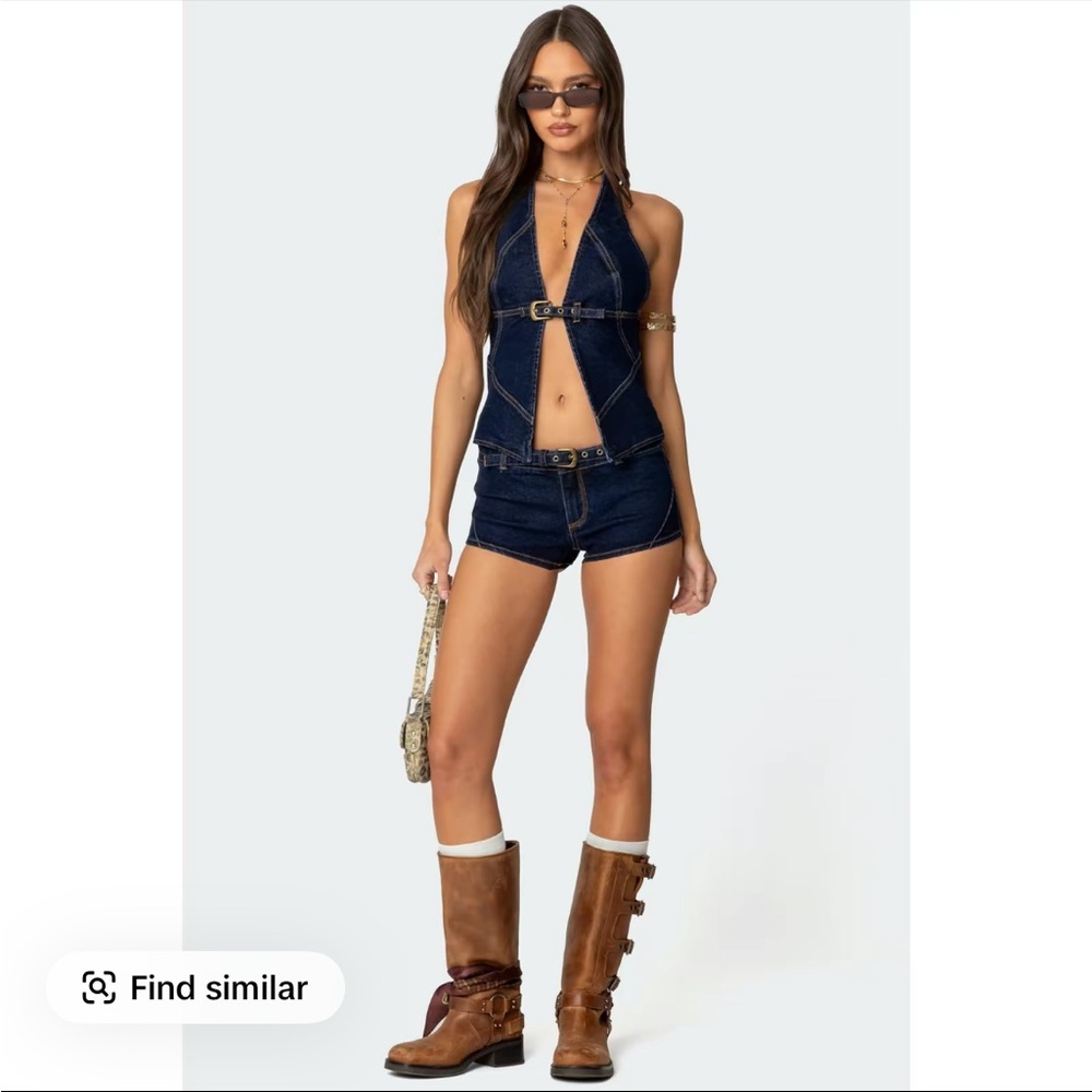 Viral Edikted Denim Halter Top and Shorts Set